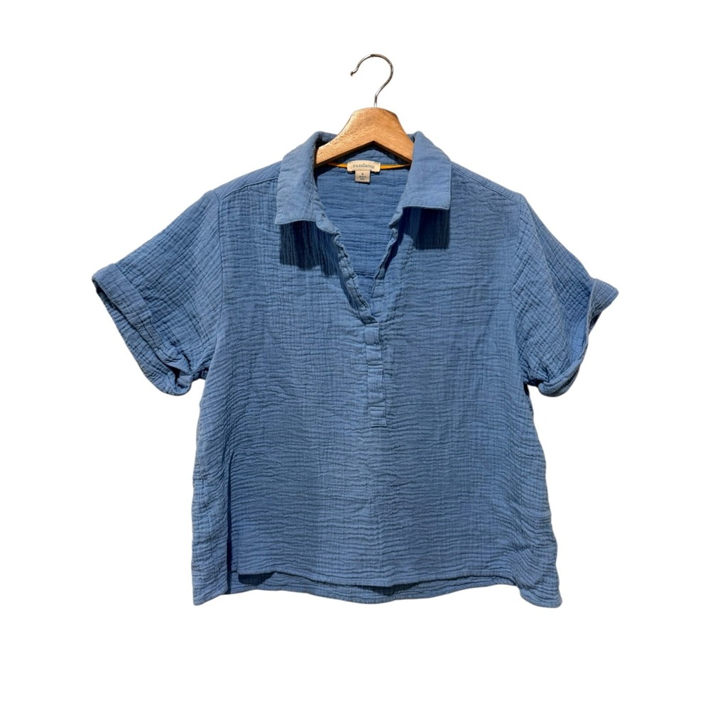 Sundance Cotton Crinkle Gauze Top Women Sz S Blue Boxy Boho Coastal Short Sleeve